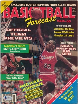 Michael Jordan Signed 1985 Basketball Forecast Magazine With The Amazing 1986 Fleer Rookie Card Image Pictured On The Cover! (Beckett)
